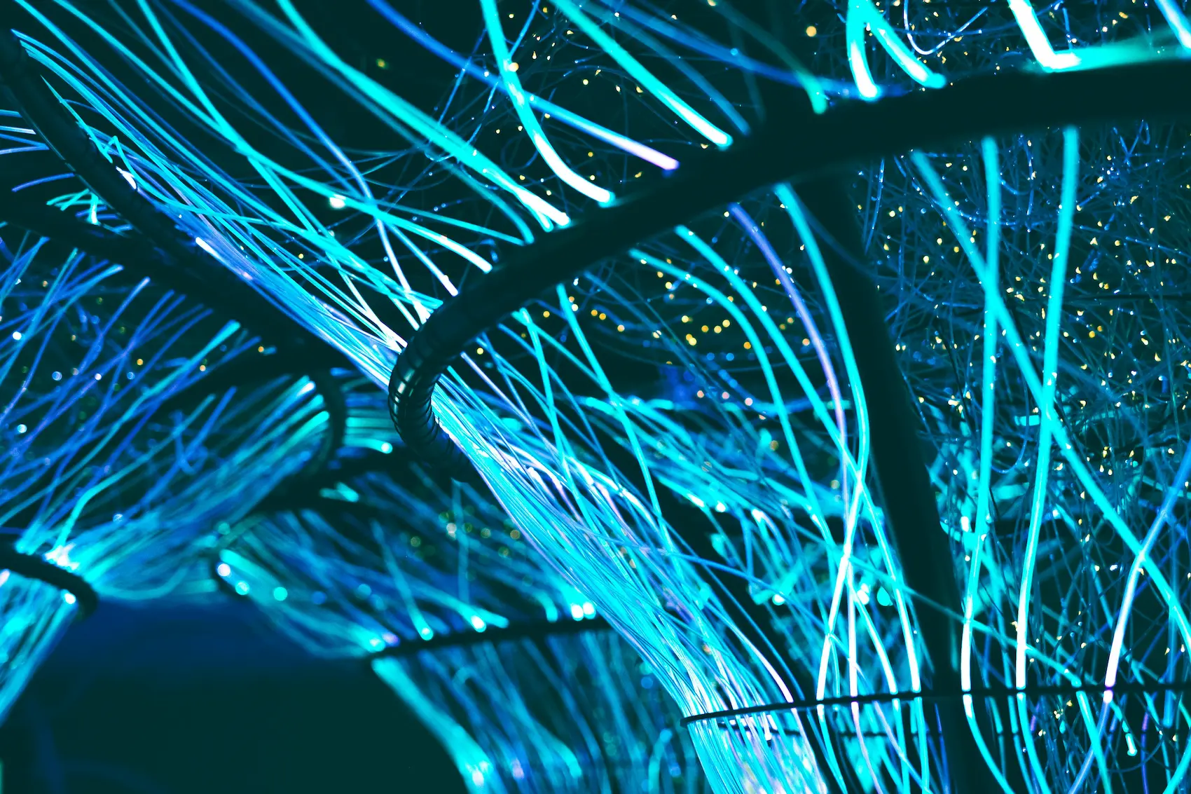 Close-up of glowing blue fiber-optic light trails